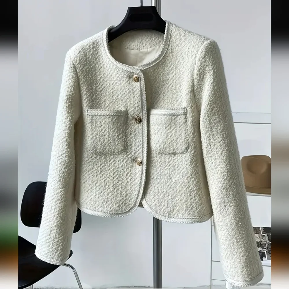 Elegant Beige Women's Blazer Jacket - Button-Front Coat, Structured Non-Stretch - Picture 3 of 5